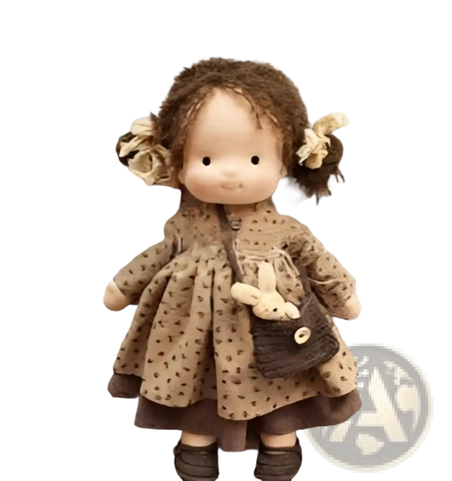 Handmade plush doll 30cm with golden curly hair brown handcrafted fabric and polka dotted dress
