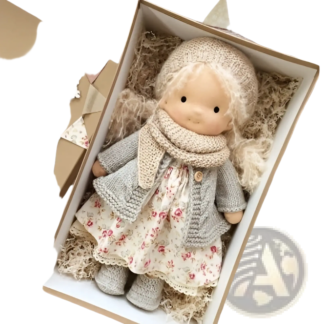Handmade plush doll with golden curly hair wearing a soft beige knitted hat scarf and sweater over floral dress