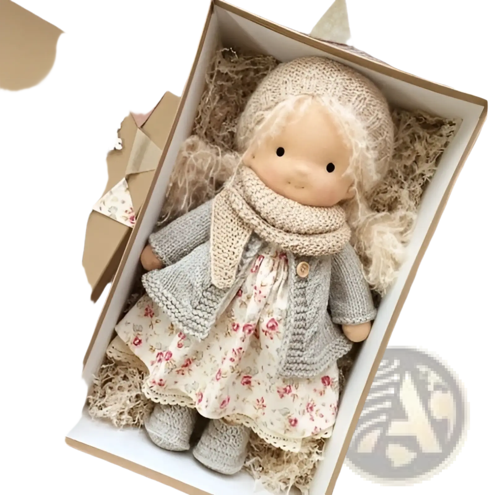 Handmade plush doll with golden curly hair wearing a soft beige knitted hat scarf and sweater over floral dress