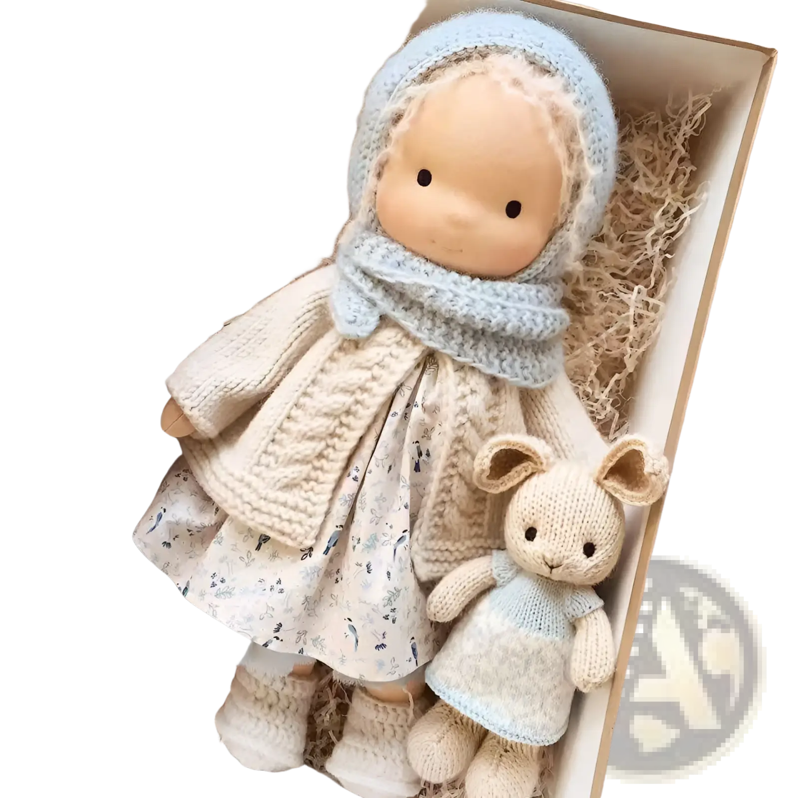 Handmade plush doll 30cm with golden curly hair wearing an off-white floral dress and blue knitted bonnet and scarf
