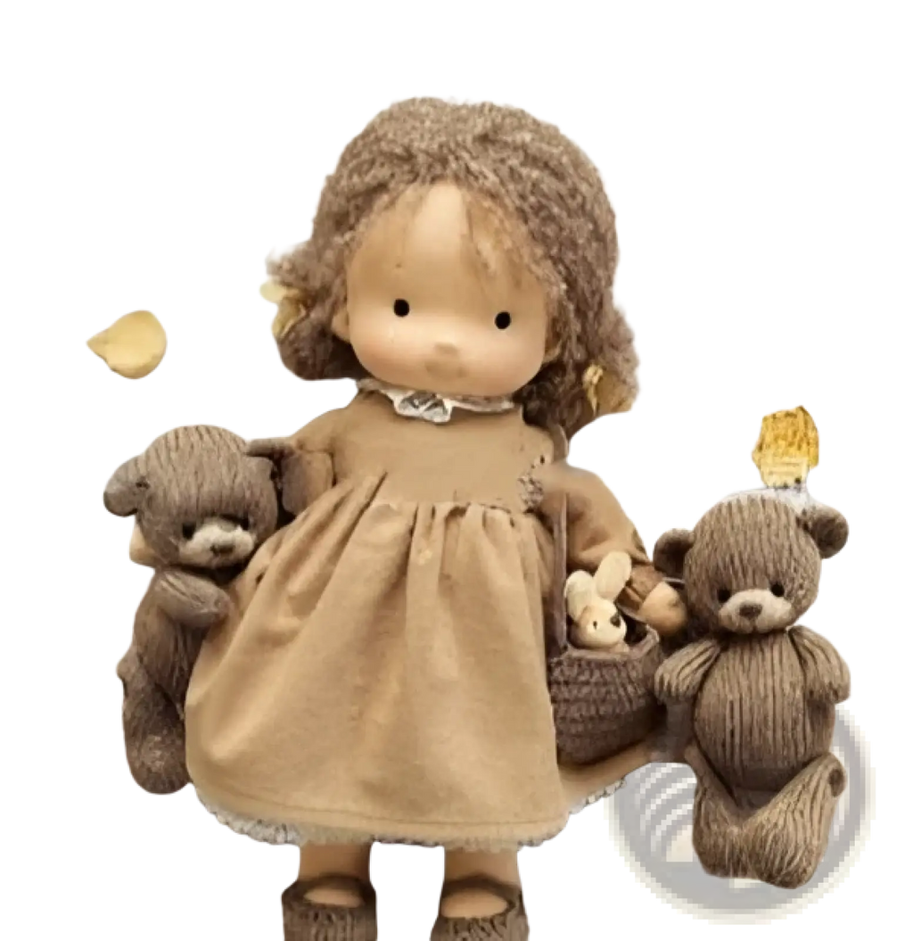 Handmade plush doll with golden curly hair 30cm in brown velvet beside two matching teddy bears
