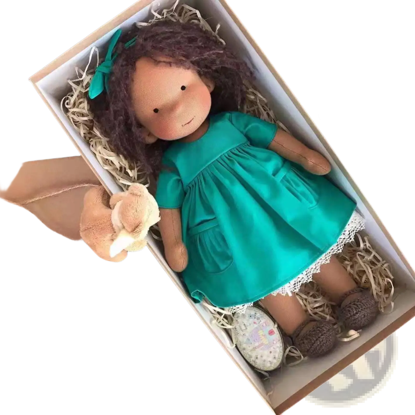 Handmade plush doll with golden curly hair wearing a teal lace-trimmed dress made of soft fabric 30cm tall
