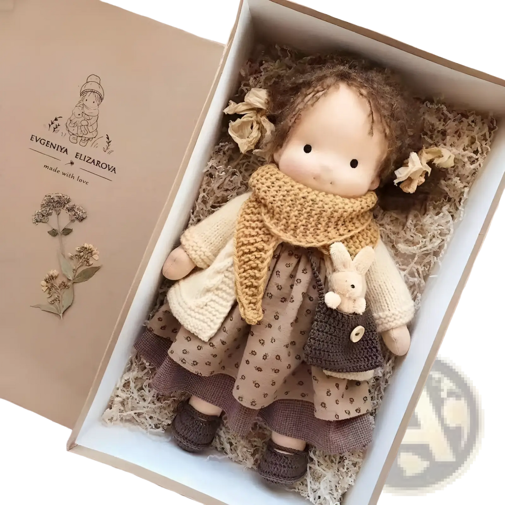 Handmade plush wooden doll with golden curly hair wearing beige knitted sweater scarf patterned dress and boots