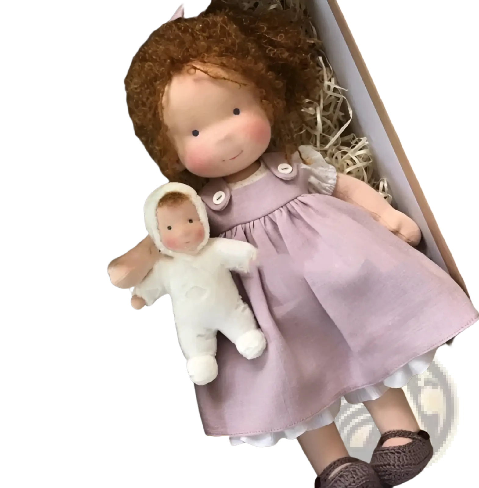 Handmade plush doll with golden curly hair wearing a soft lavender linen dress with white ruffled hem and button straps