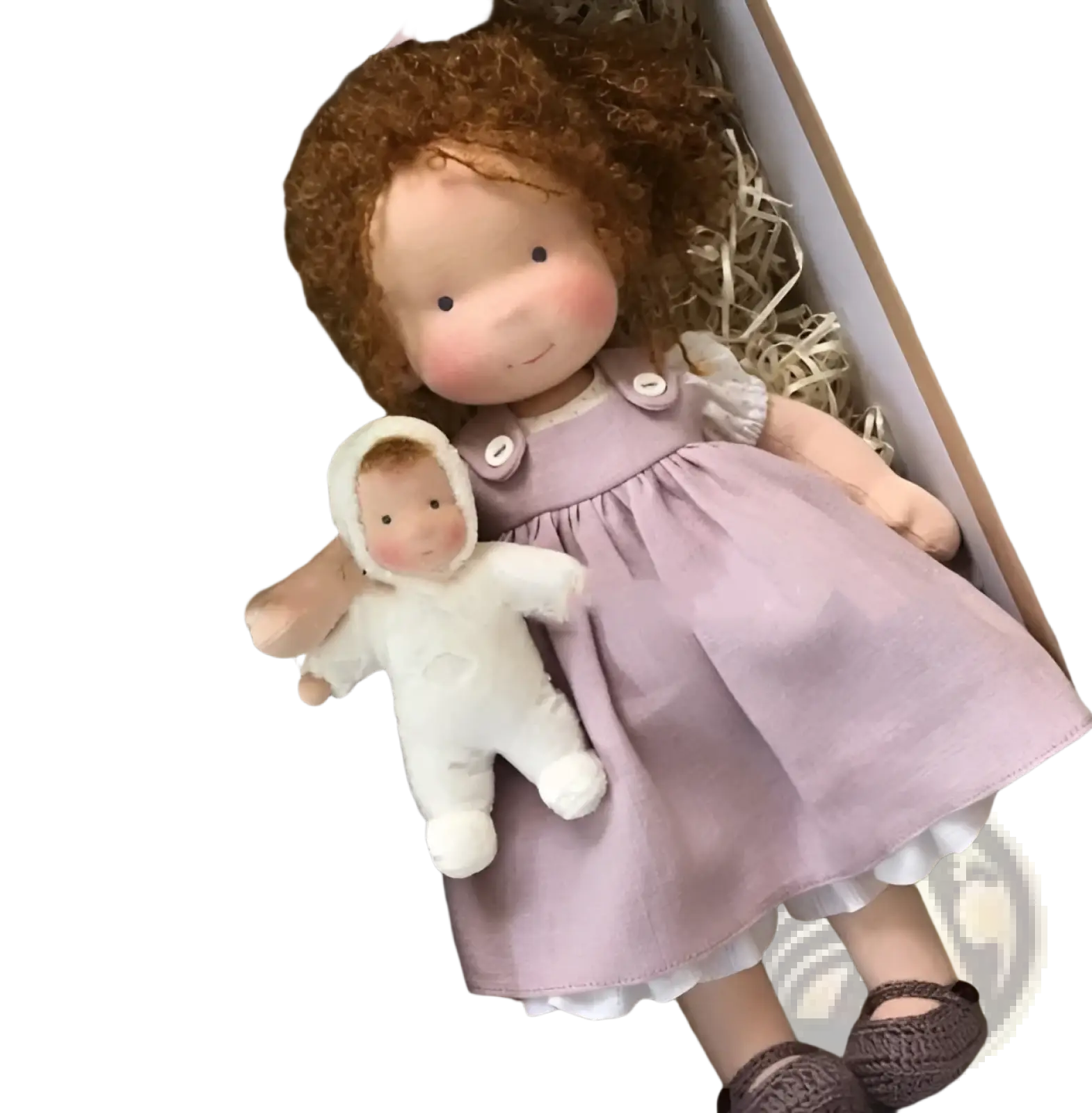 Handmade plush doll with golden curly hair wearing a soft lavender linen dress with white ruffled hem and button details