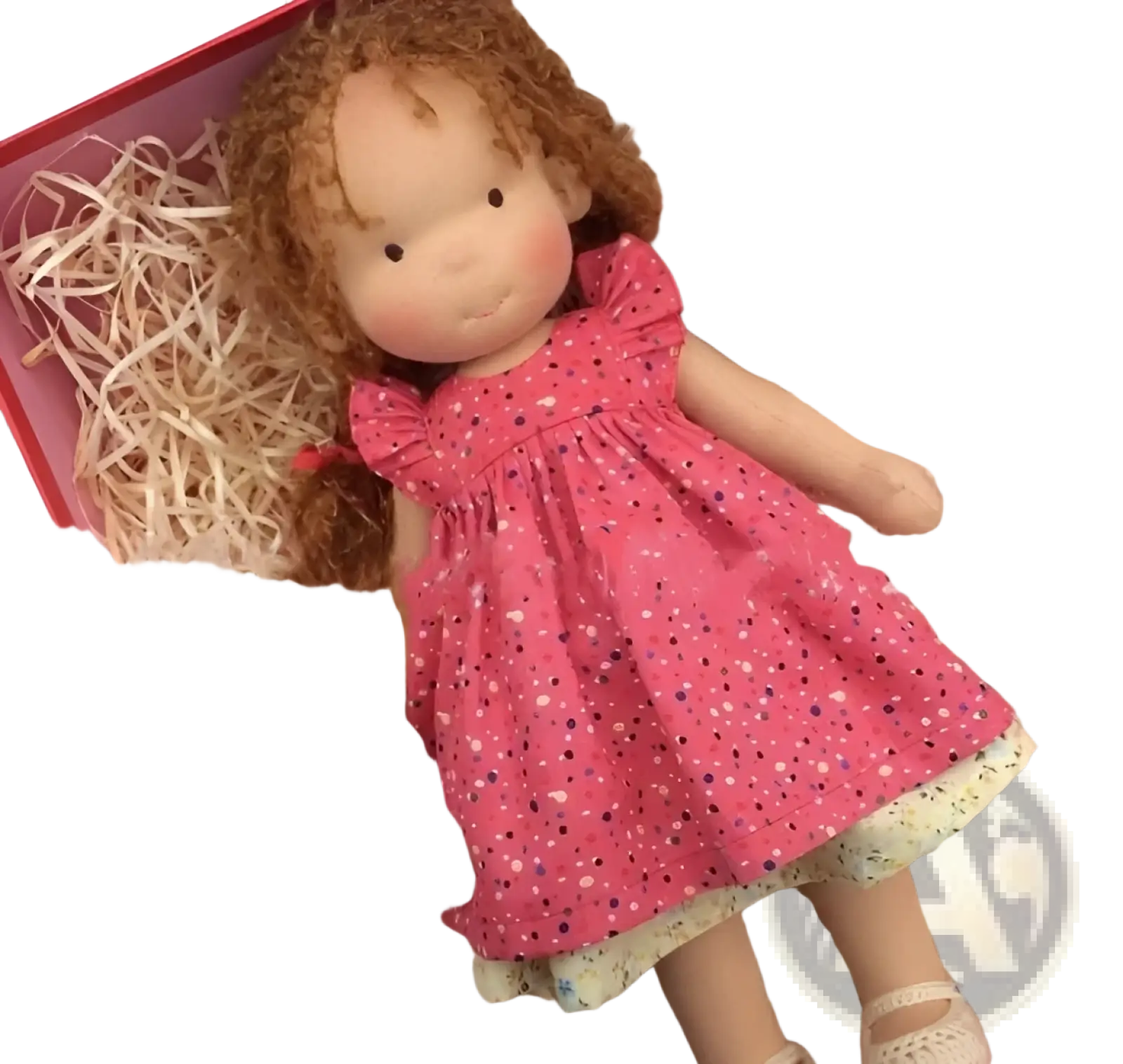 Handmade plush doll 30cm with curly auburn hair, rosy cheeks, and pink polka dot dress