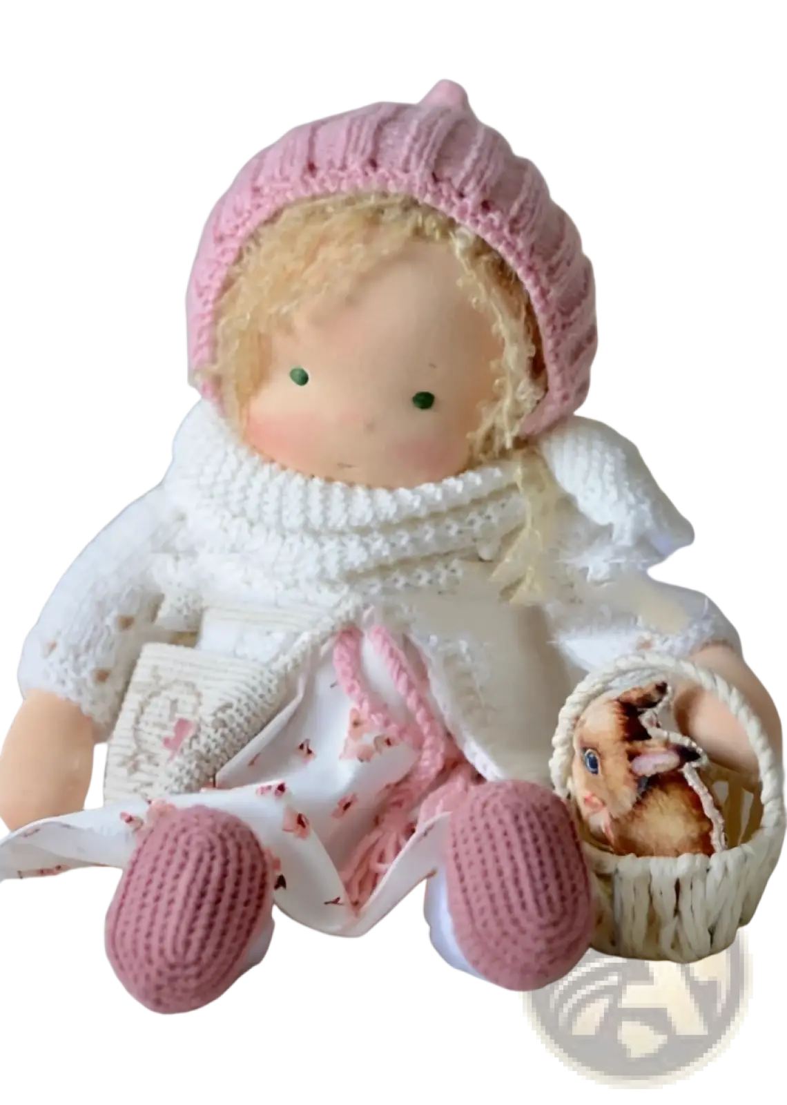 Handmade plush doll with golden curly hair 30cm wearing a soft pink knitted hat with a small pointed top