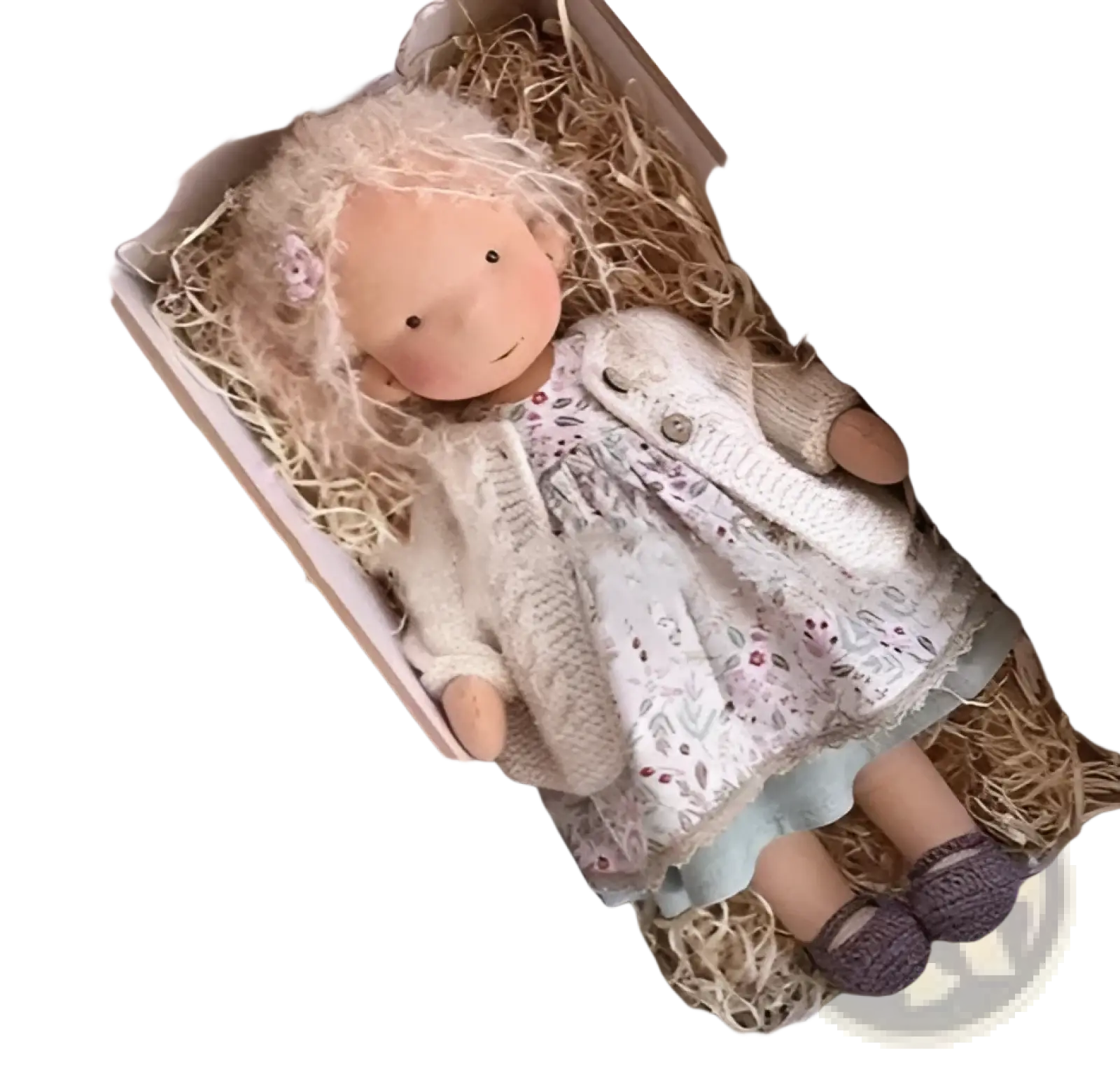 Handmade plush doll with golden curly hair 30cm dressed in knitted cream cardigan and floral dress with blue trim