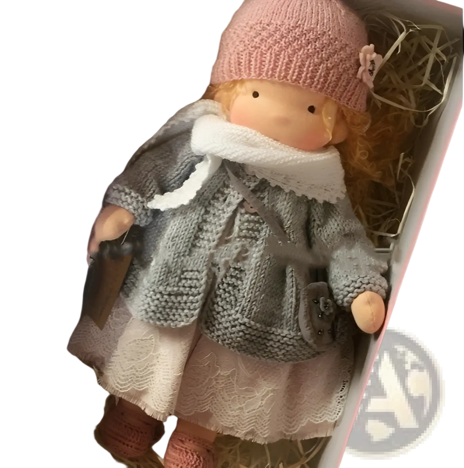 Handmade plush doll with golden curly hair wearing pink knit hat, gray coat, lace dress, and pink knit boots 30cm