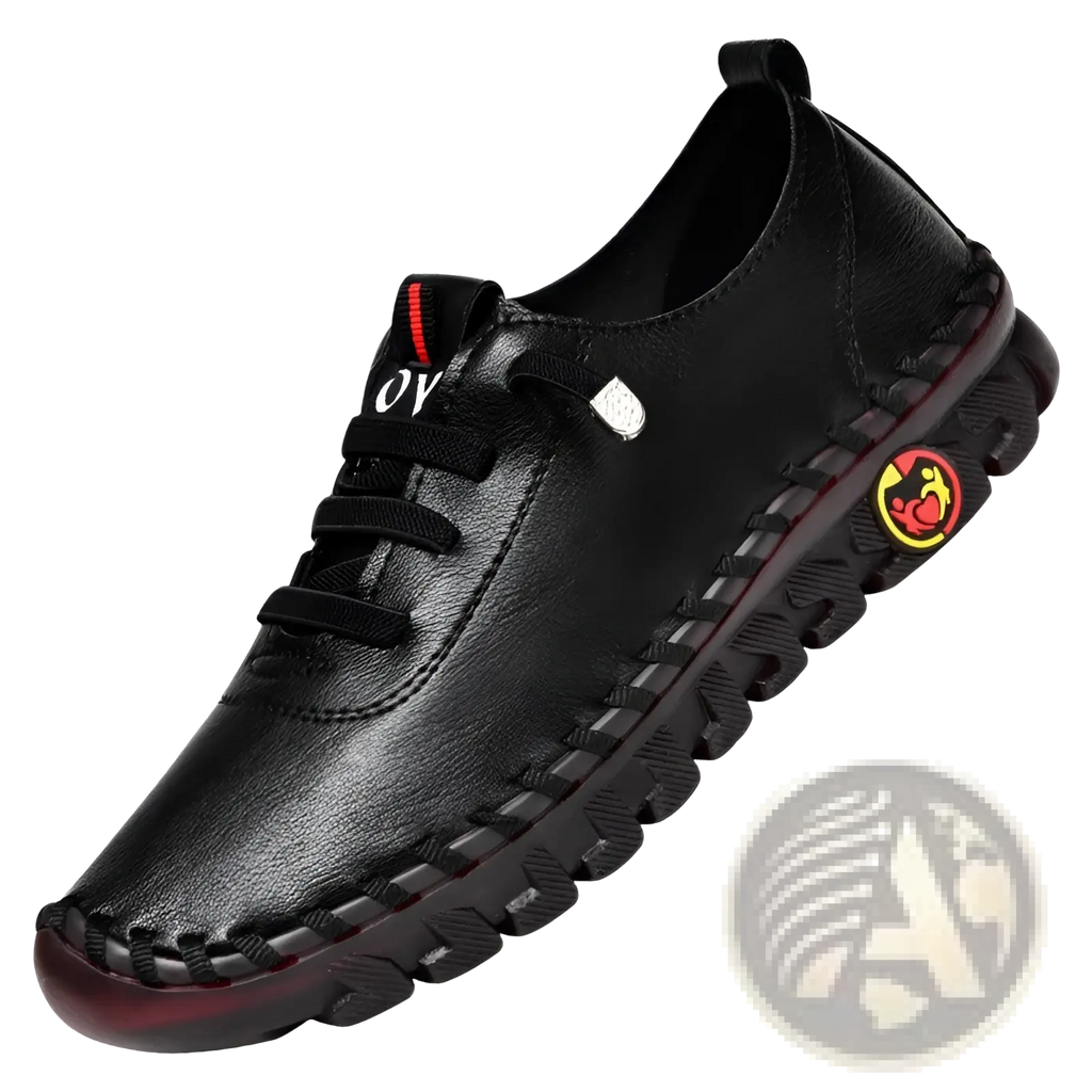 Handmade black pu leather casual mom shoe with textured sole and red accent flat stitching for everyday wear
