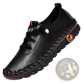 Handmade black pu leather casual mom shoe with textured sole and red accent flat stitching for everyday wear