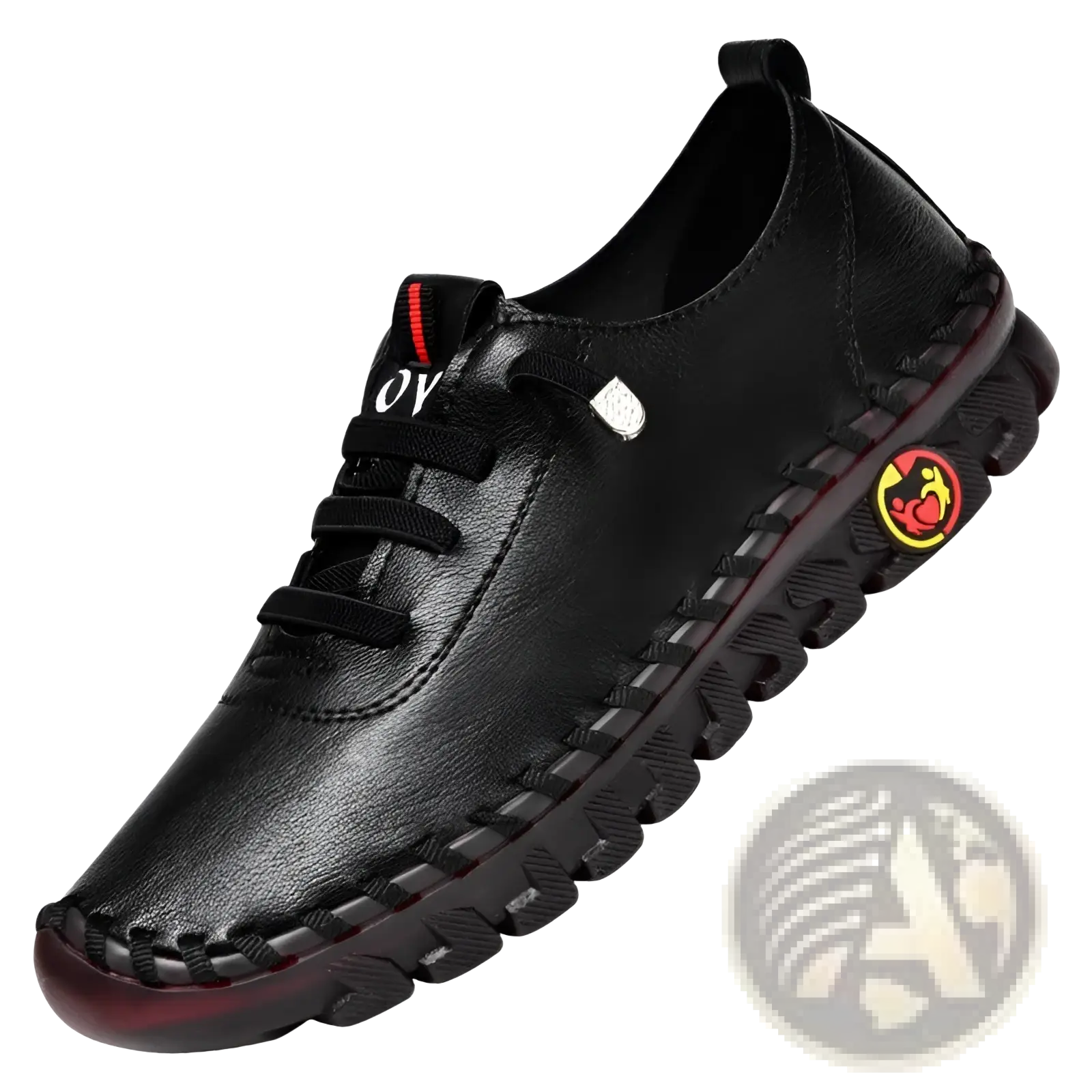 Handmade black pu leather casual mom shoe with textured sole and red accent flat stitching for everyday wear