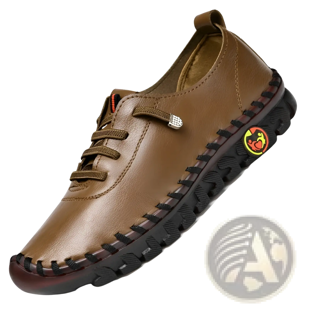 Handmade brown pu leather casual mom shoe with black stitching and textured rubber sole for everyday wear