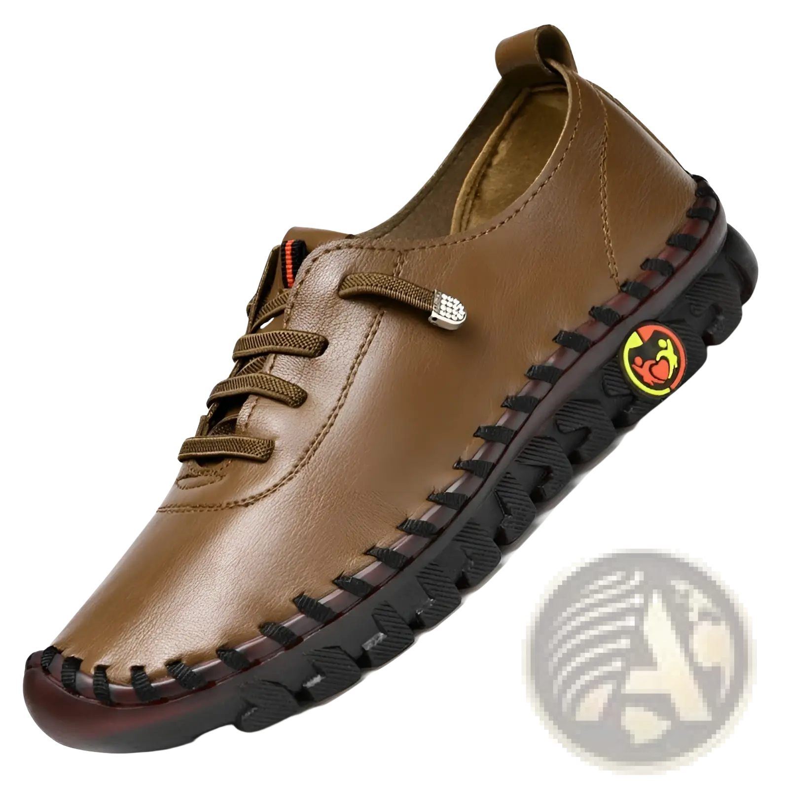Handmade brown pu leather casual mom shoe with black stitching and textured rubber sole for everyday wear
