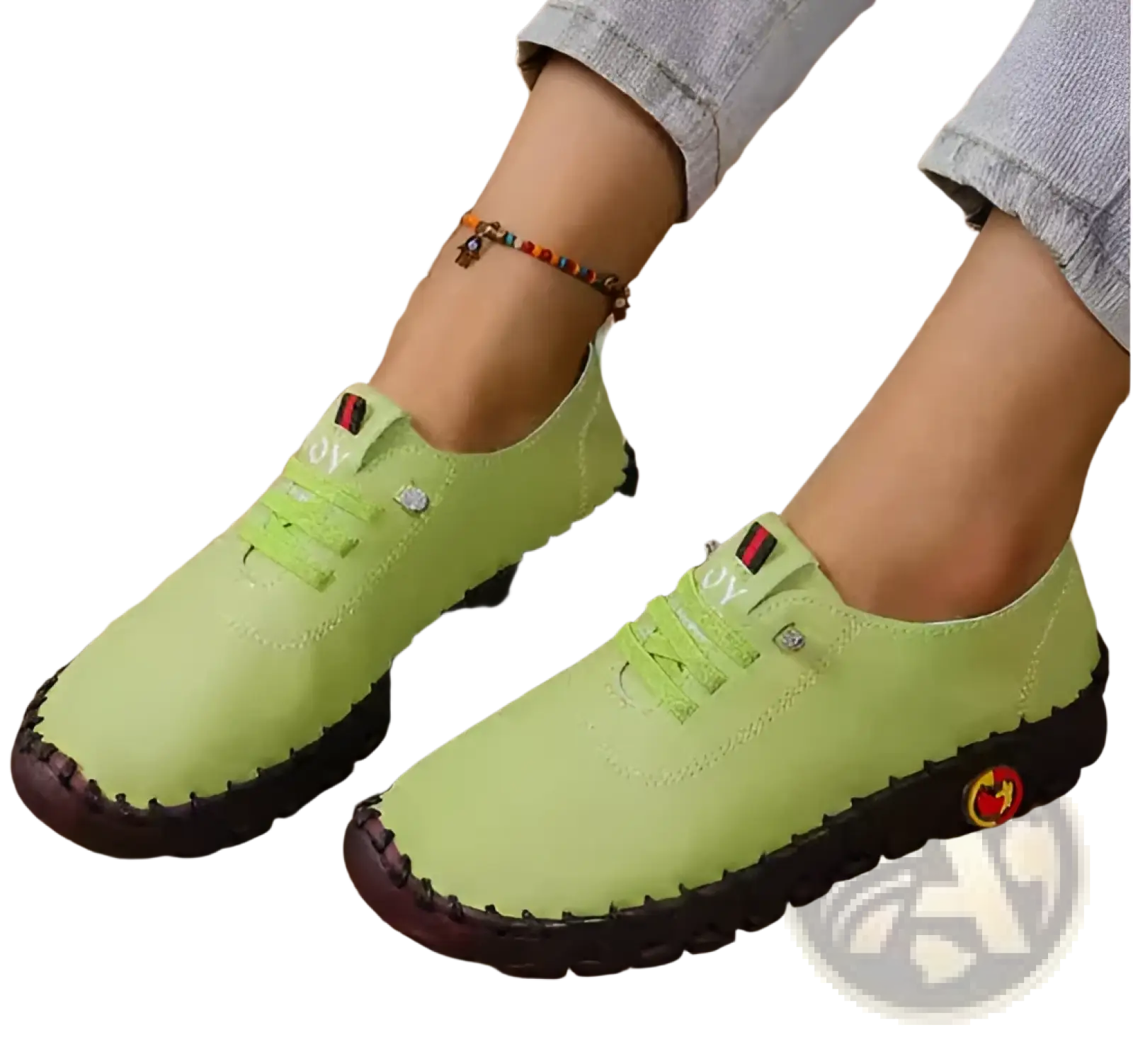 Handmade lime green pu leather flat lace-up casual mom shoes with dark brown soles and stitching