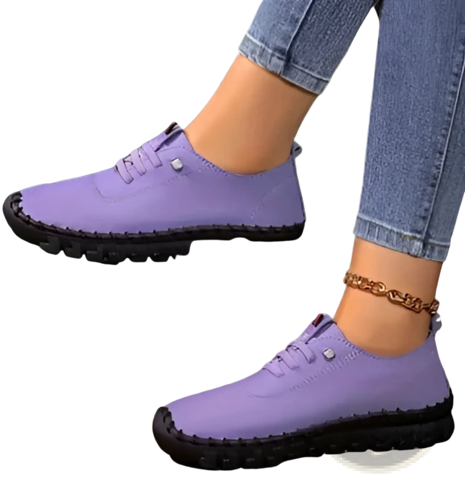 Handmade purple pu leather lace-up casual mom shoes with flat stitching black rubber soles and small red logo