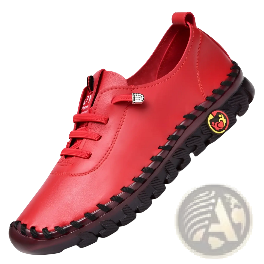 Handmade red pu leather casual mom shoe with black stitching and textured rubber sole for everyday wear
