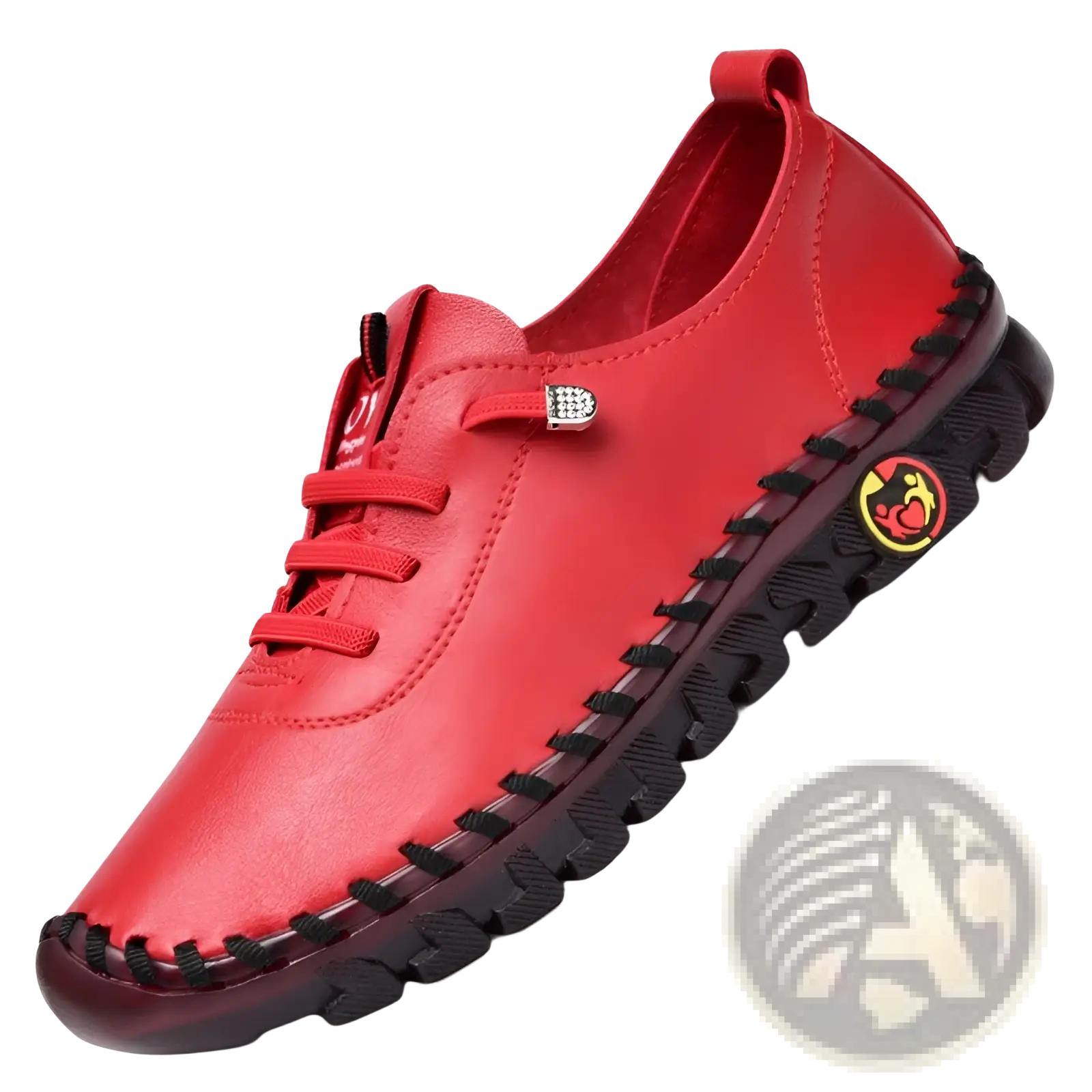 Handmade red pu leather casual mom shoe with black stitching and textured rubber sole for everyday wear