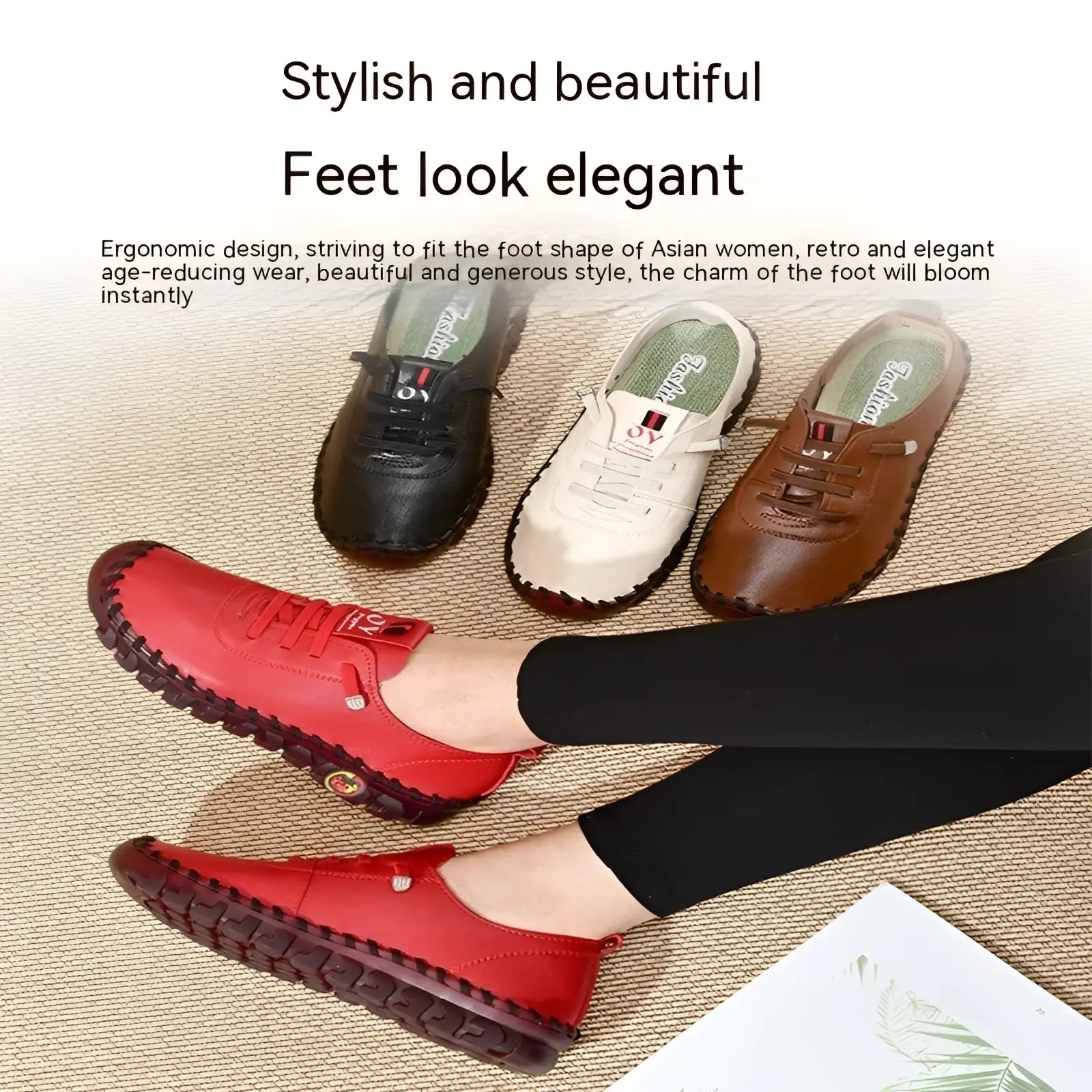 Handmade red pu leather slip-on casual mom shoes with textured rubber sole and flat decorative stitching
