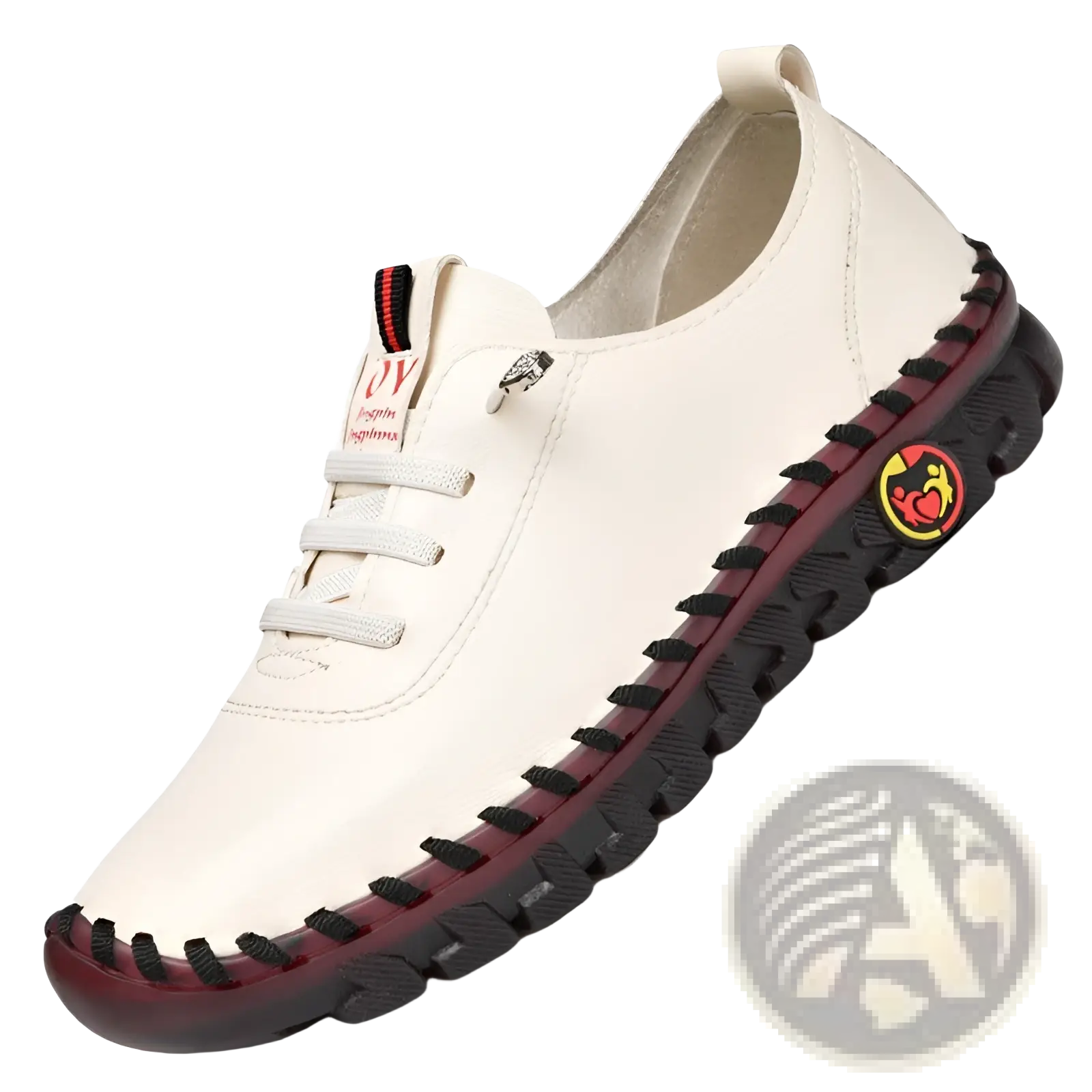 Handmade cream-colored pu leather flat stitching casual mom shoe with black rubber sole and red stitching details