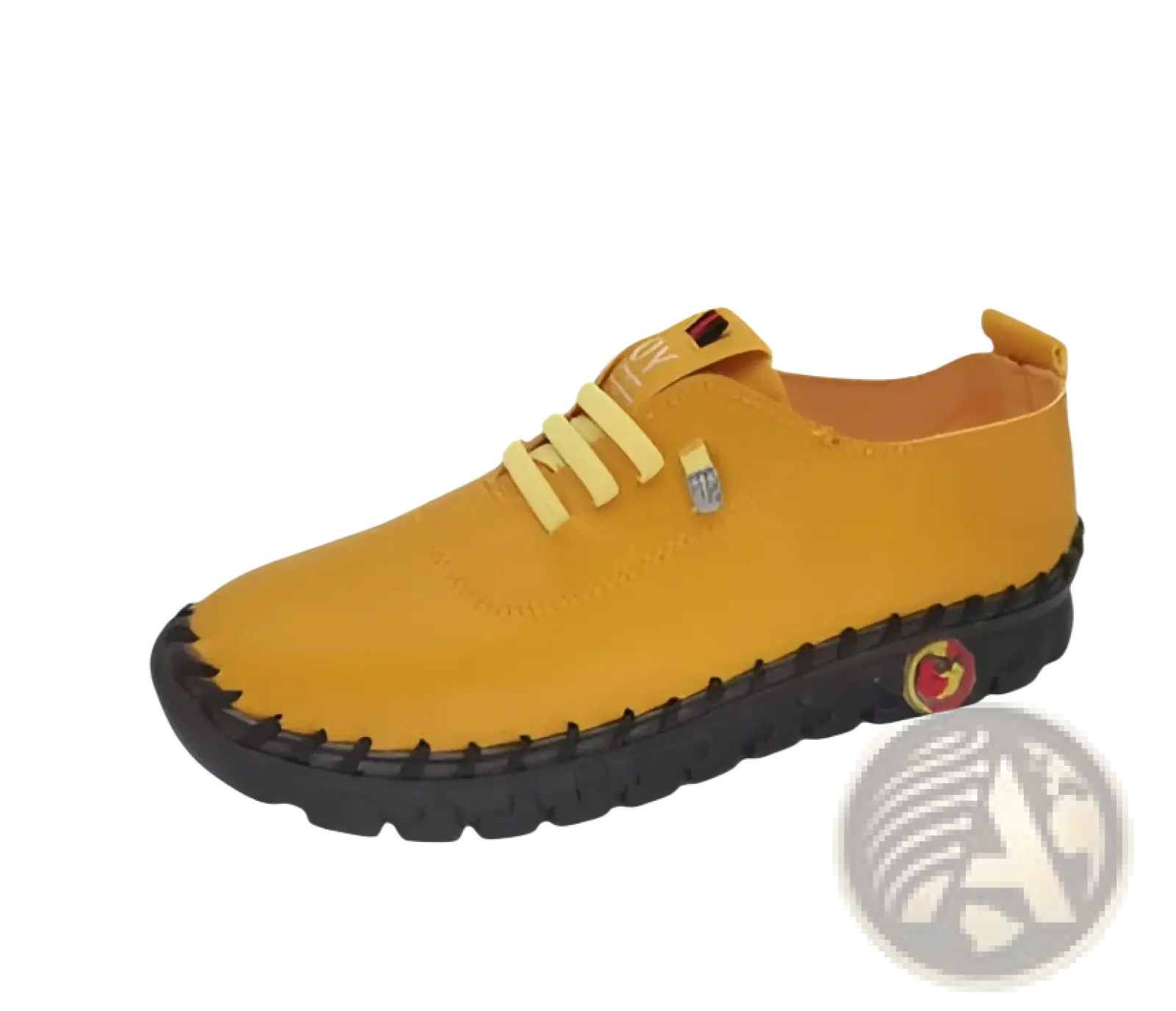 Handmade yellow pu leather flat lace-up casual mom shoe with black rubber sole and stitched detailing