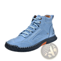 Handmade pu leather lace up ankle boots in light blue suede with white laces and black rubber sole shown from back side