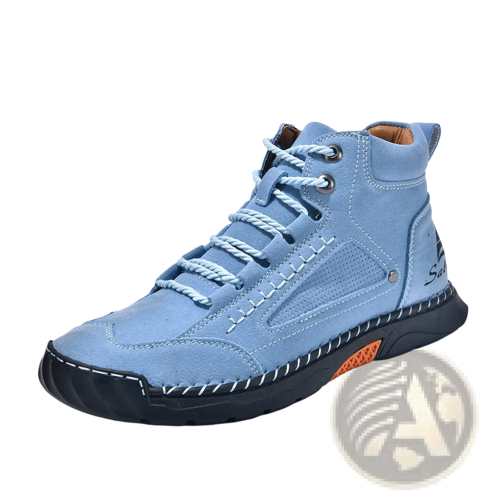 Handmade pu leather lace up ankle boots in light blue suede with white laces and black rubber sole shown from back side