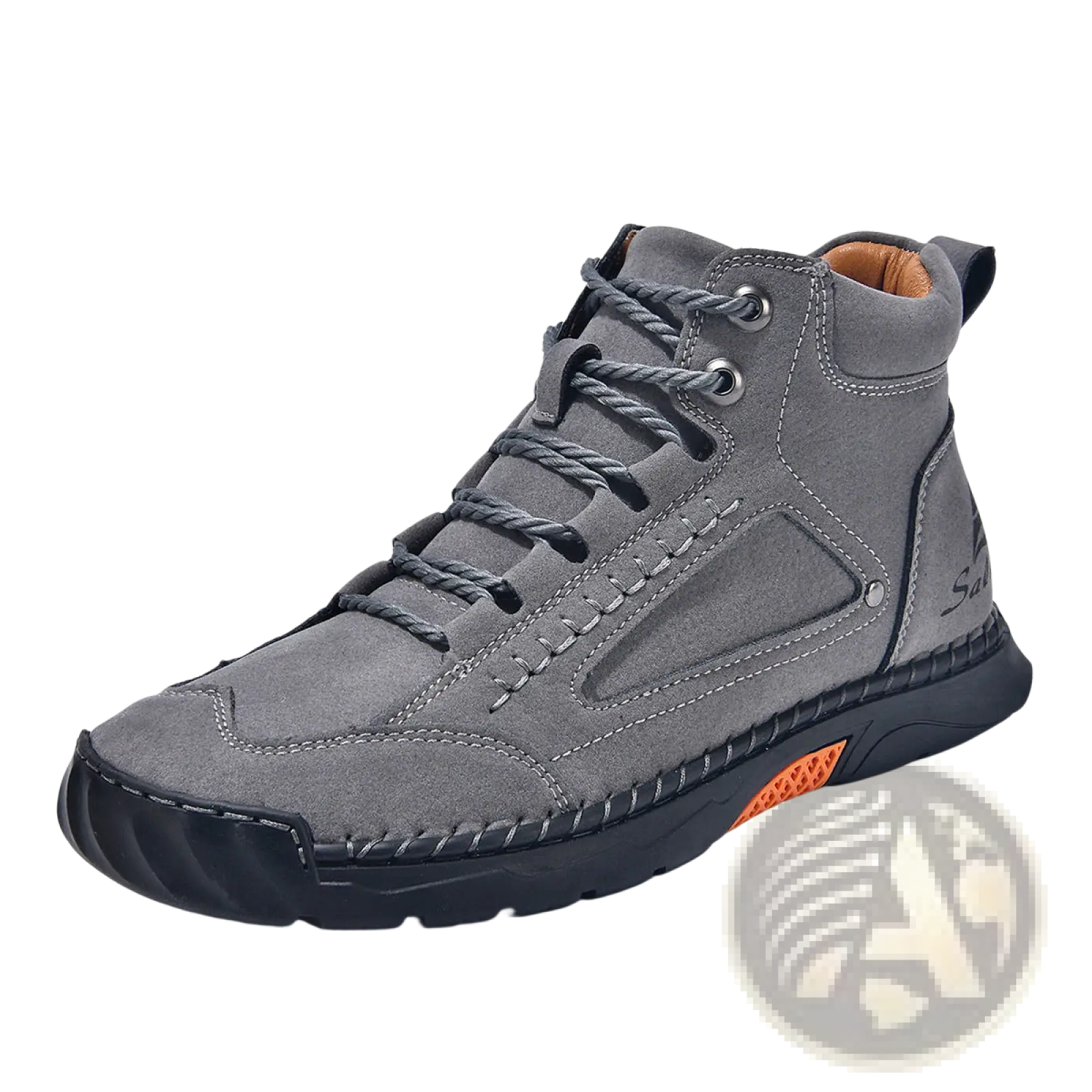 Handmade pu leather lace up ankle boots showing the back gray suede high-top with black sole and orange heel accent