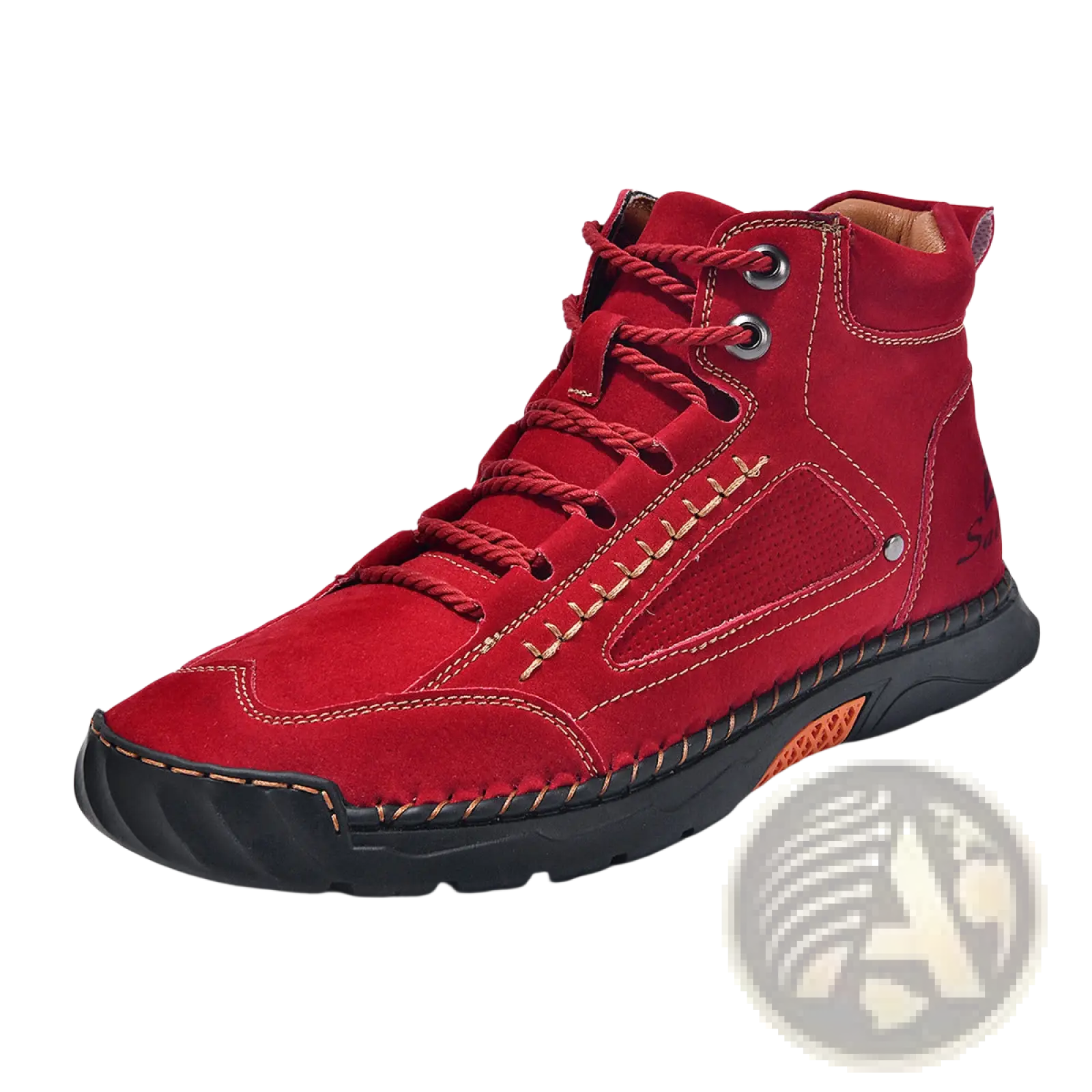 Handmade pu leather lace up ankle boots in red suede with matching laces and black rubber sole with orange accent heel