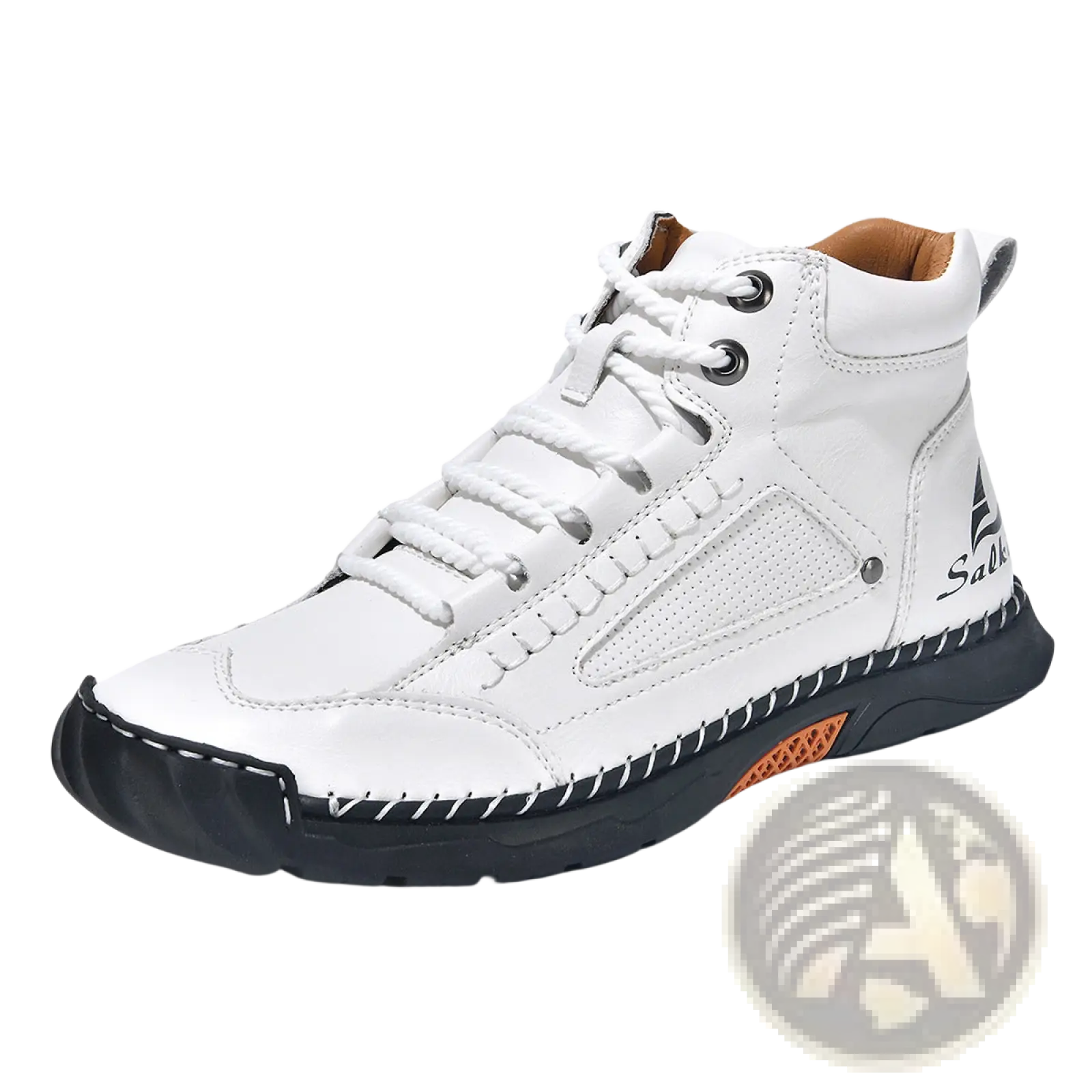 Handmade pu leather lace up ankle boots in white with black rubber sole and orange heel accent shown from the back