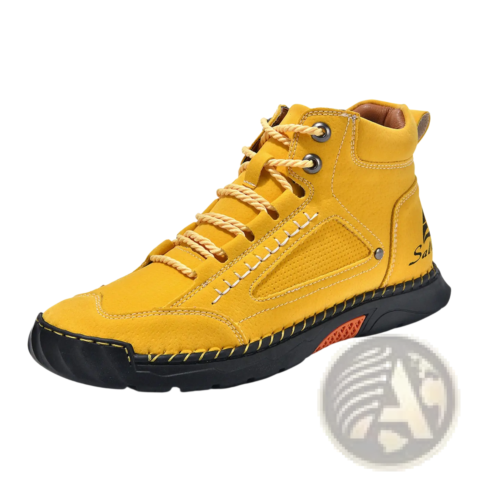 Handmade pu leather bright yellow high-top hiking boot with tan laces and black rubber sole for outdoor use