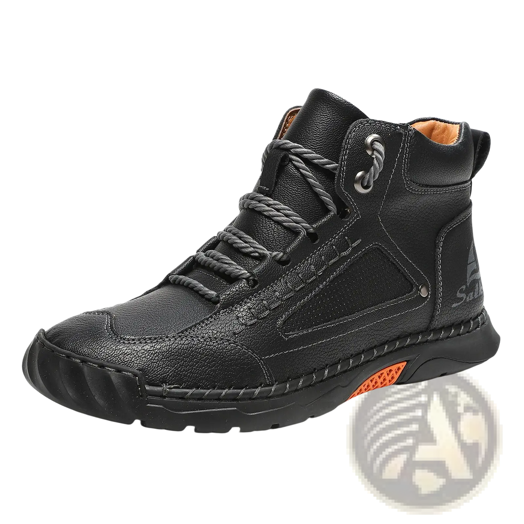 Handmade black pu leather high-top ankle boot with gray laces and orange accent on the sole