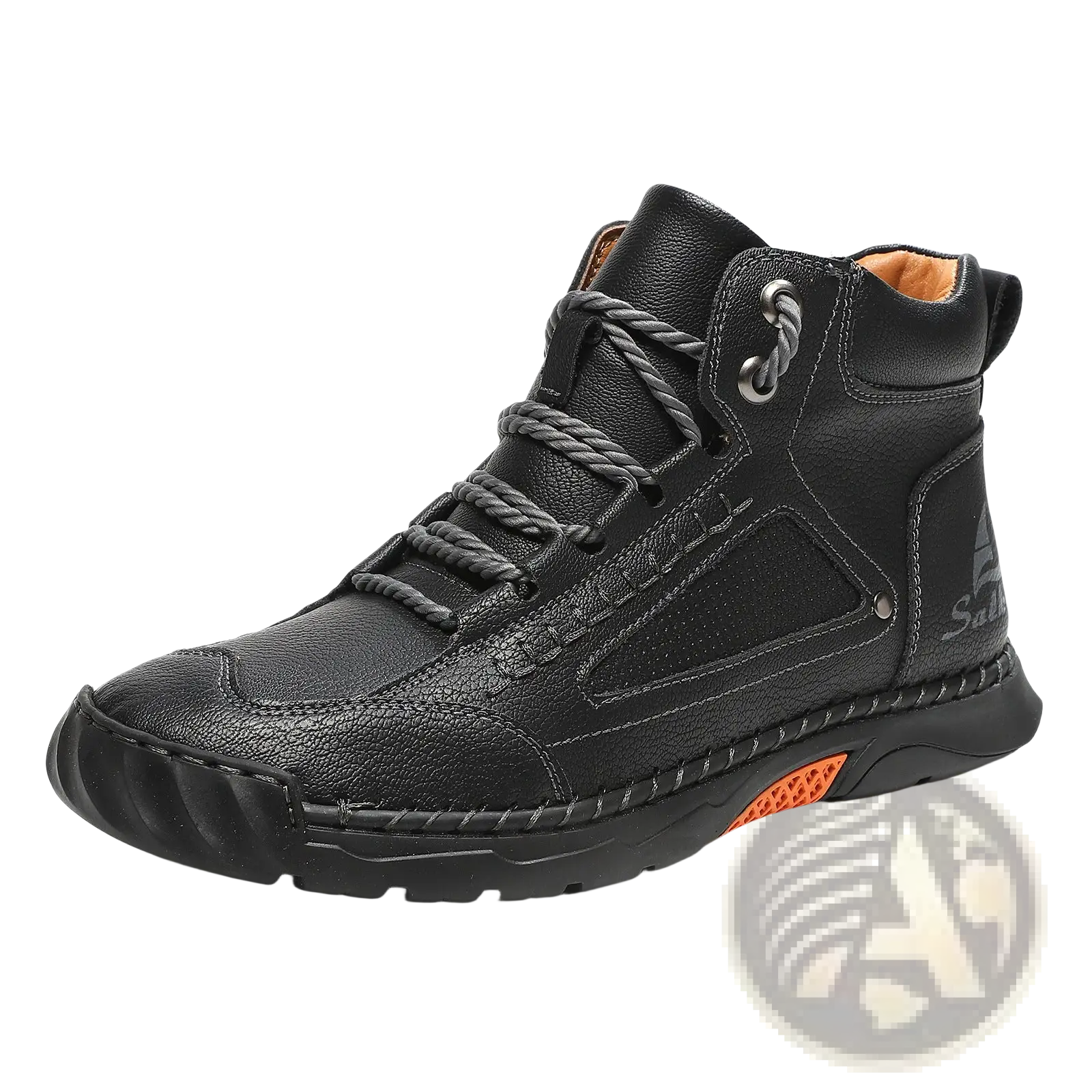 Handmade black pu leather high-top ankle boot with gray laces and orange accent on the sole