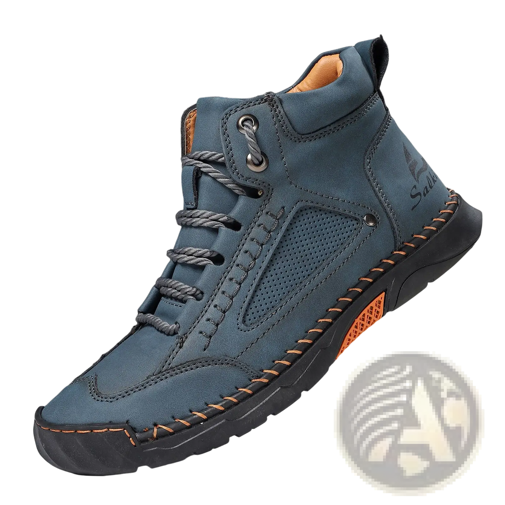 Handmade blue pu leather high-top ankle boots with gray laces and orange stitching details for stylish wear