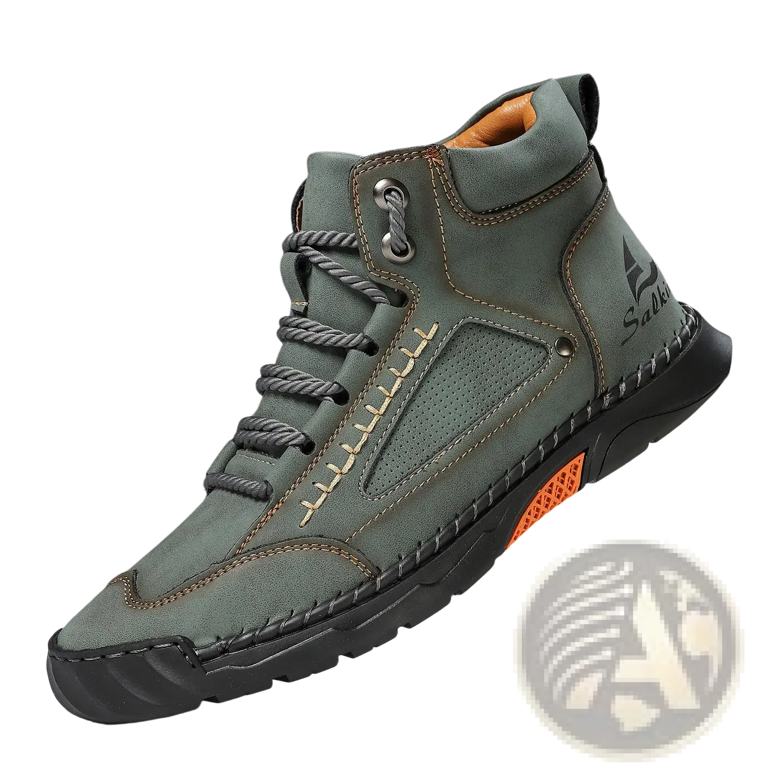 Handmade olive green suede high-top ankle boots with gray laces orange sole accent and stitched design