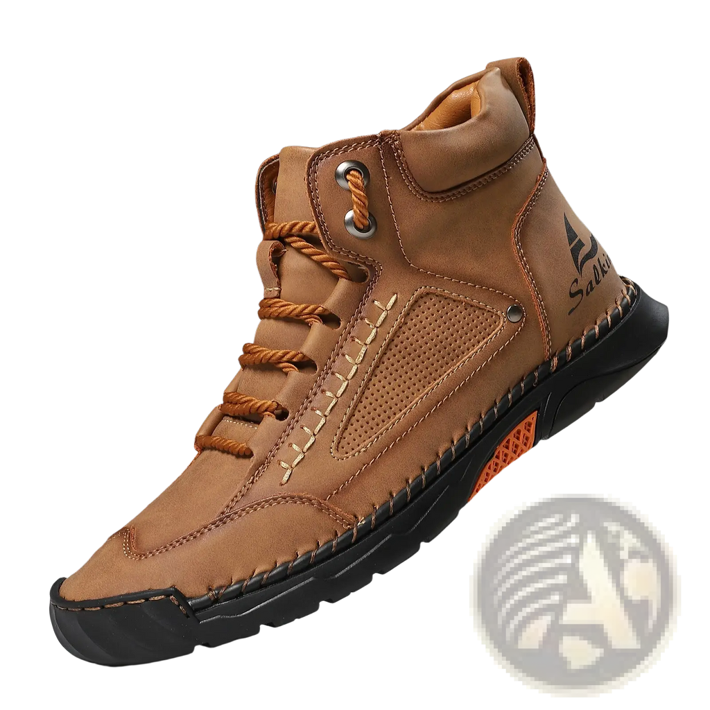 Handmade pu leather lace up ankle boot in tan with brown laces and black rubber sole shown from the back side