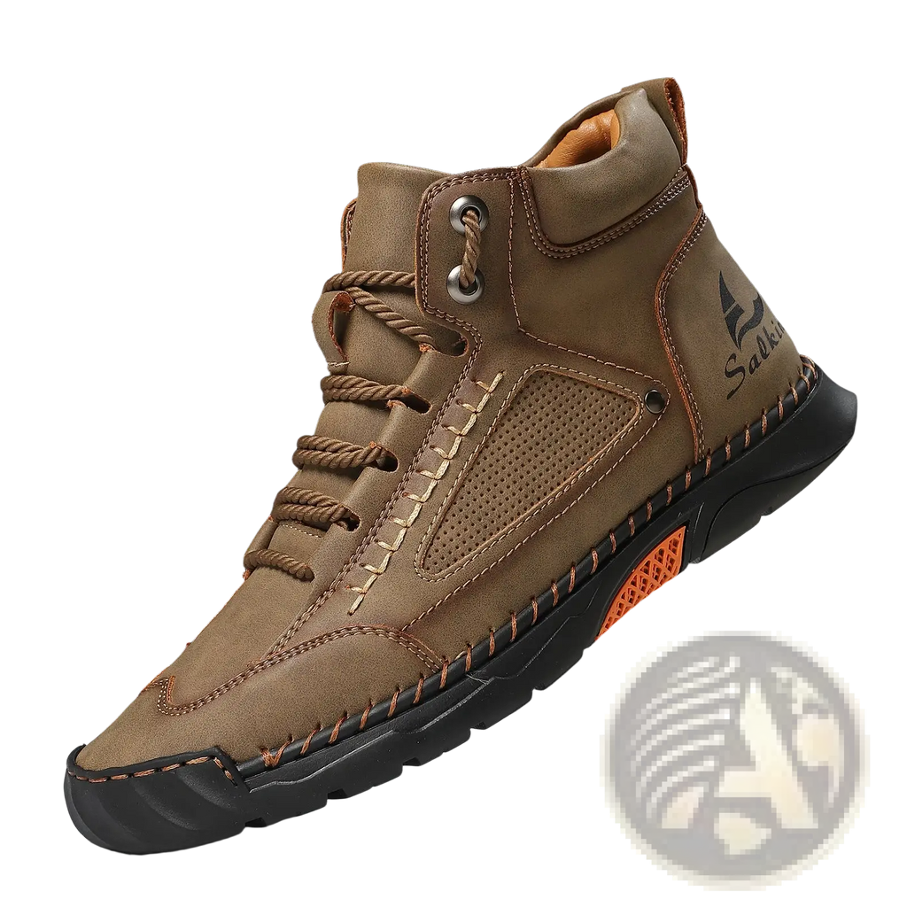 Handmade pu leather lace up ankle boot in tan with orange accents and rugged stitched high-top design