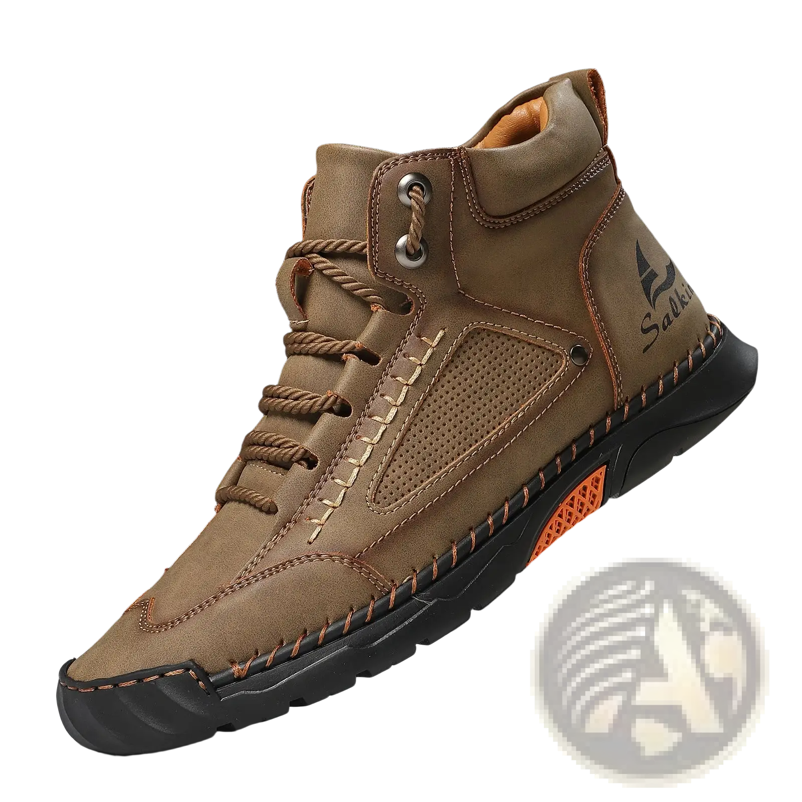Handmade pu leather lace up ankle boot in tan with orange accents and rugged stitched high-top design