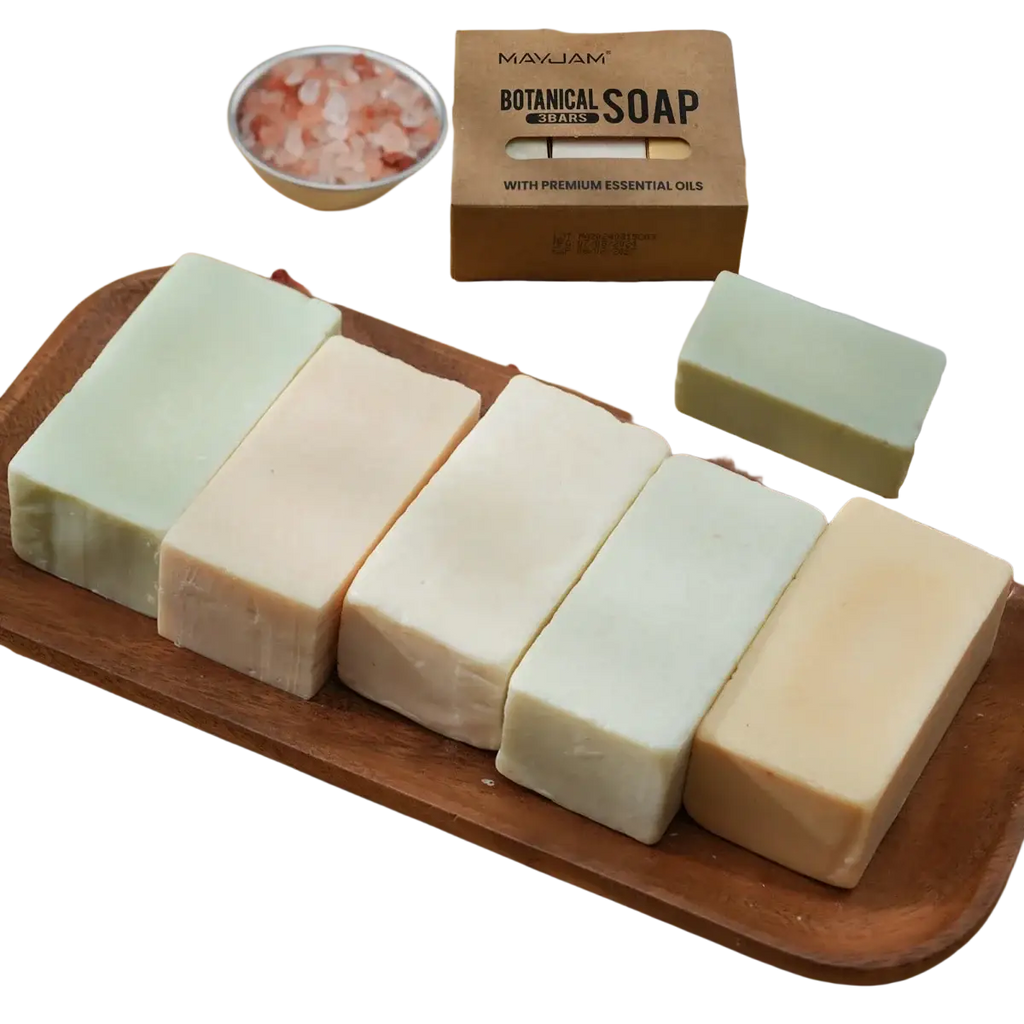 Handmade soap gift set of mayjam botanical bars in pastel mint cream and beige arranged on a wooden tray