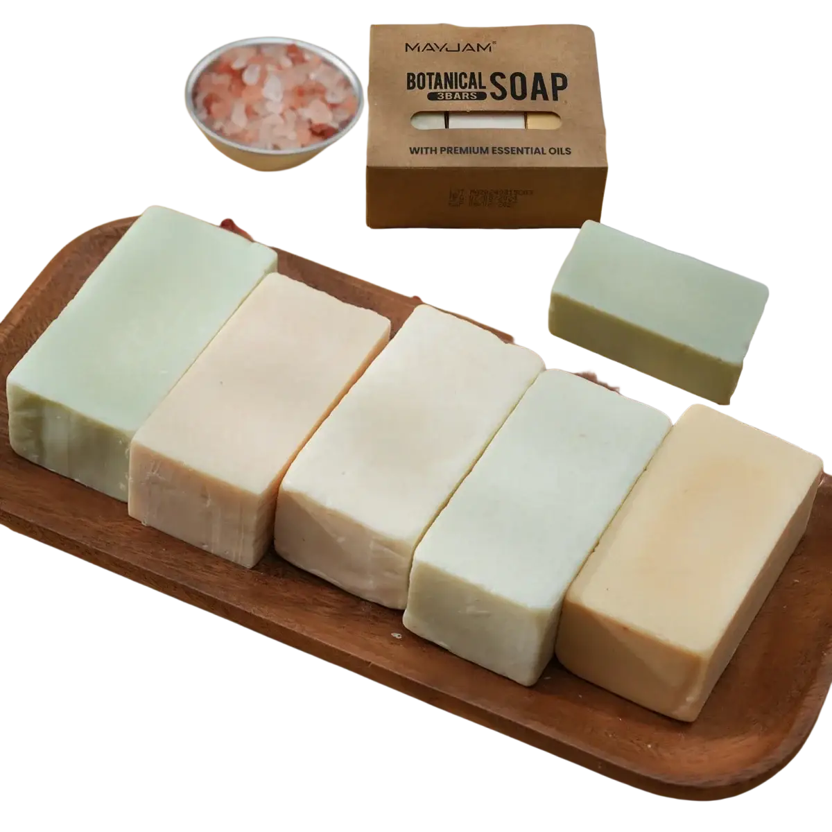 Handmade soap gift set of mayjam botanical bars in pastel mint cream and beige arranged on a wooden tray