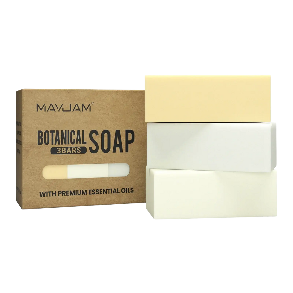 Mayjam handmade soap gift set with three rectangular essential oil bars in pale yellow white and off-white hues
