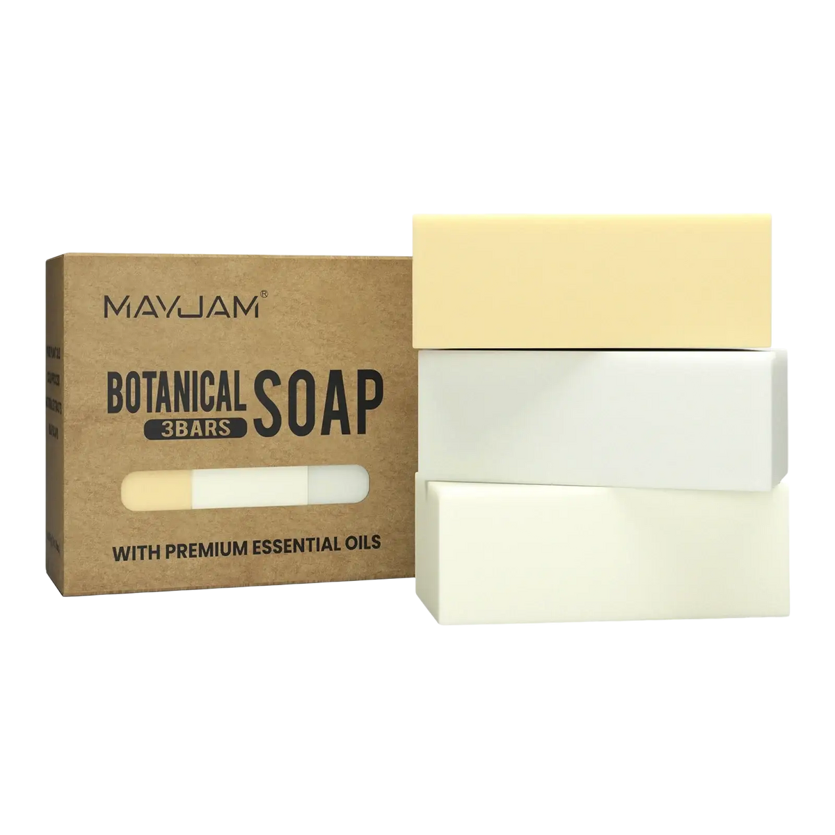 Mayjam handmade soap gift set with three rectangular essential oil bars in pale yellow white and off-white hues