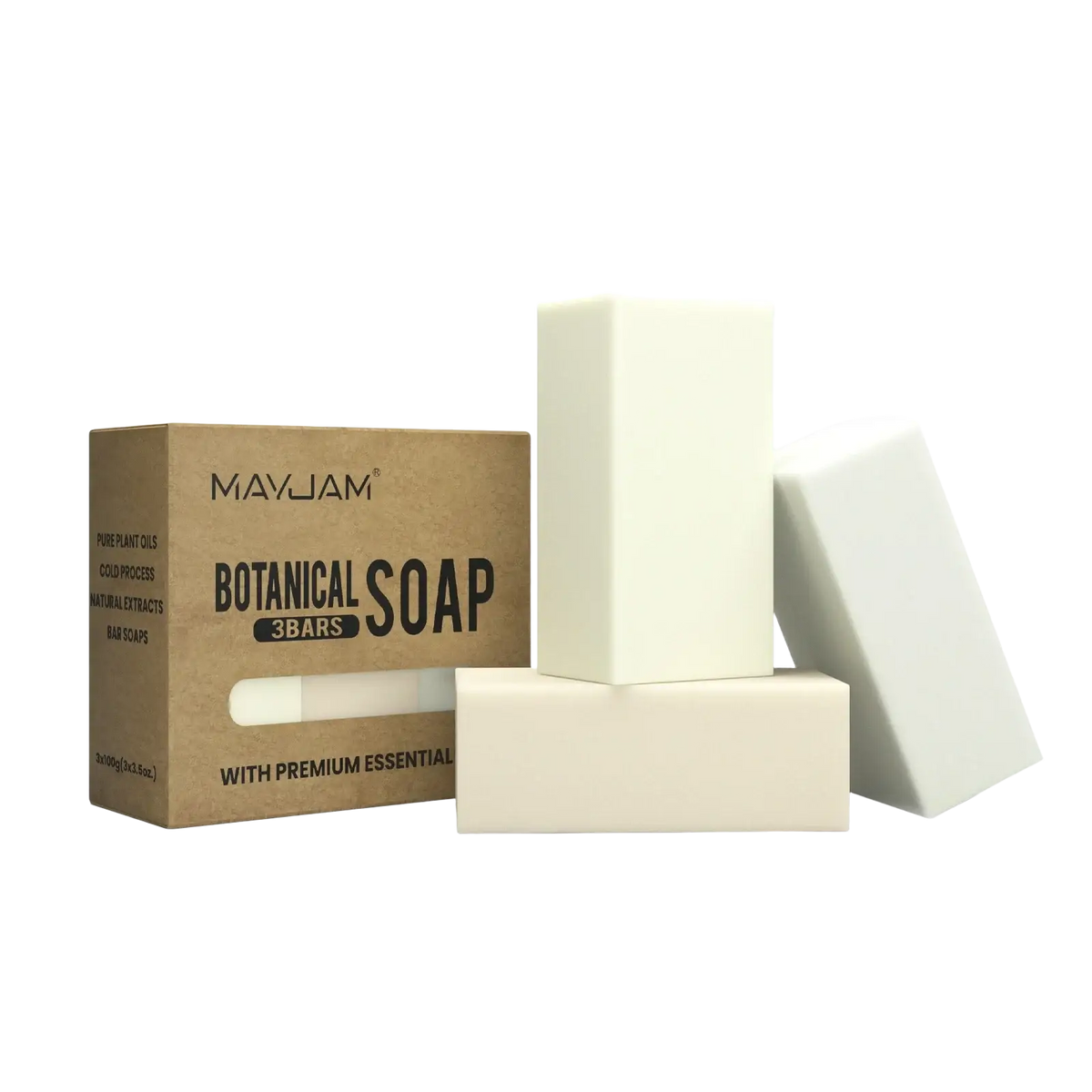 Handmade soap gift set featuring three creamy off-white botanical bars in a brown kraft paper box essential oil infused