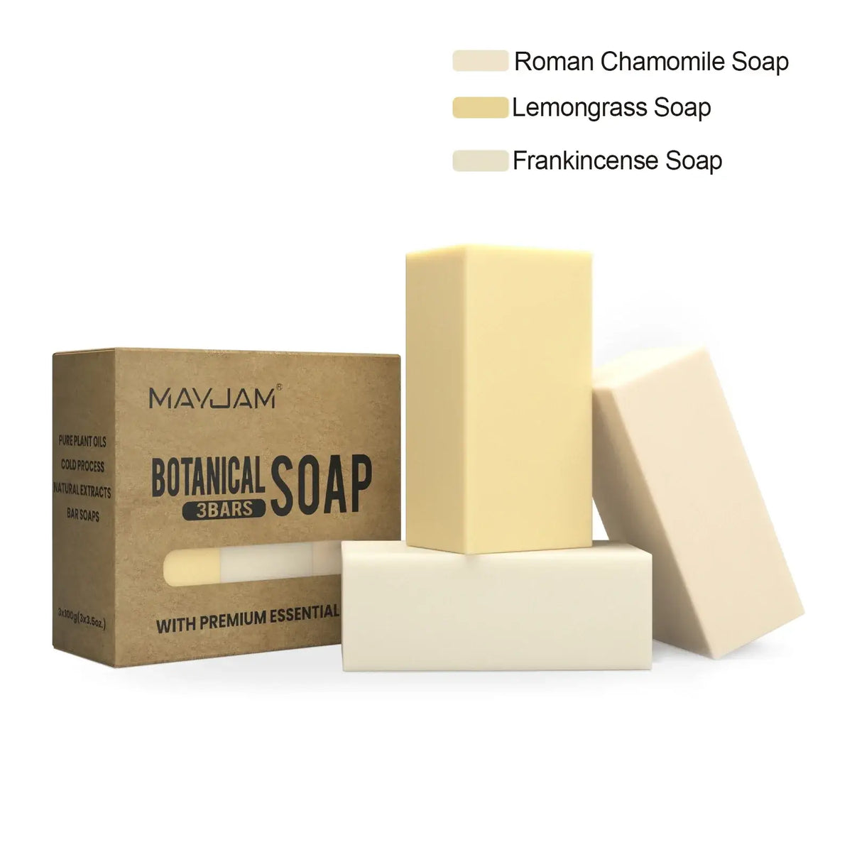 Handmade soap gift set 3 pack featuring Mayjam botanical bars with roman chamomile lemongrass and frankincense scents