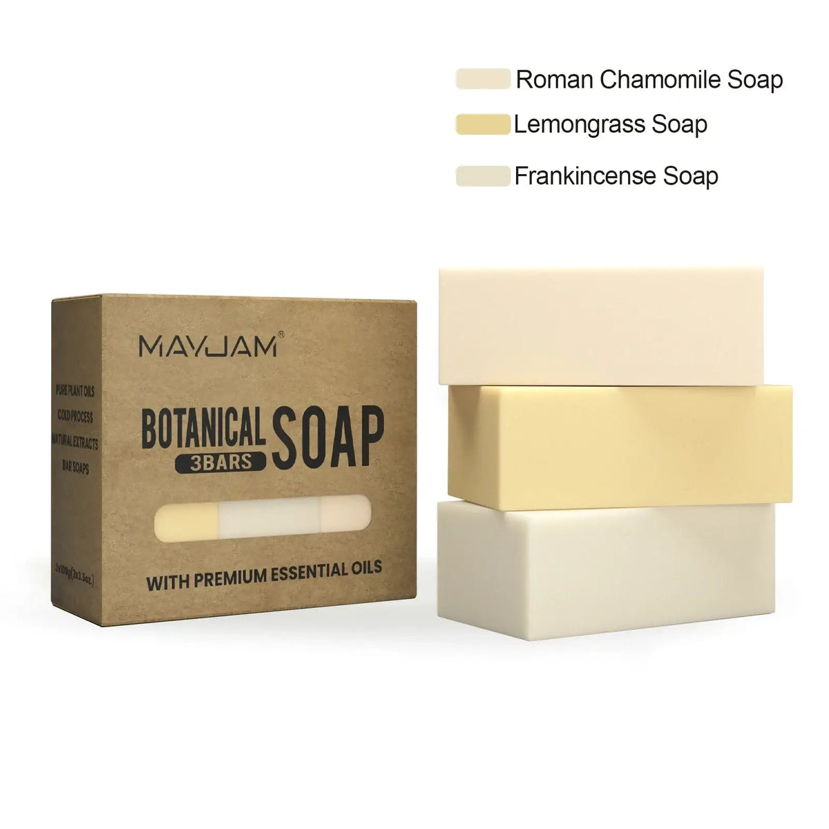 Handmade soap gift set 3 pack with beige, pale yellow, and off-white botanical bars and brown cardboard packaging
