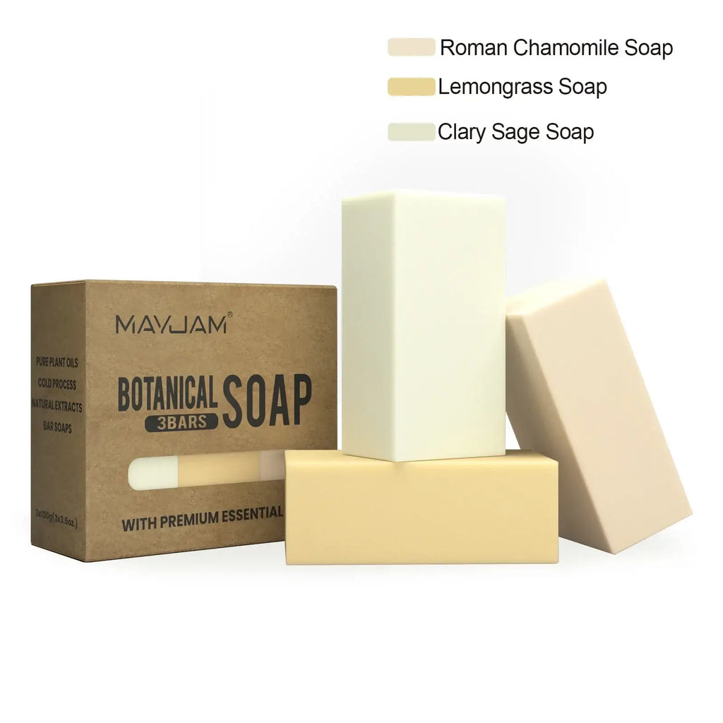 Three rectangular bars of mayjam handmade soap in beige cream and pale yellow from the handmade soap gift set 3 pack essential oil