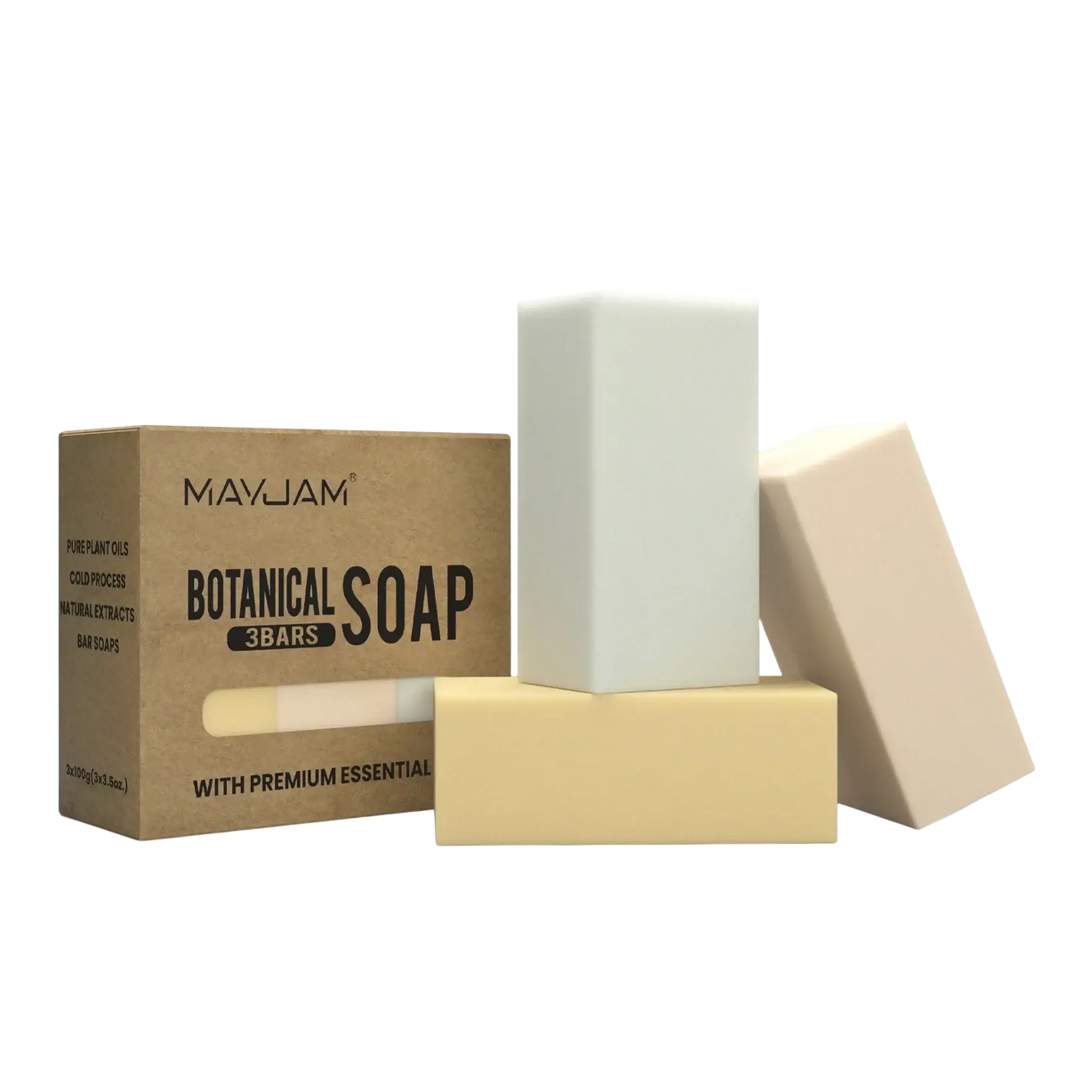Three rectangular bars of handmade soap in beige, pale yellow, and off-white from mayvjam essential oil gift set