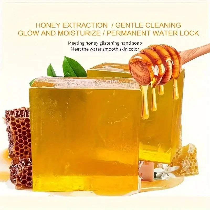 Handmade soap natural honey essential oil 2 pack featuring glossy golden honey-infused bars with visible beekeeping elements