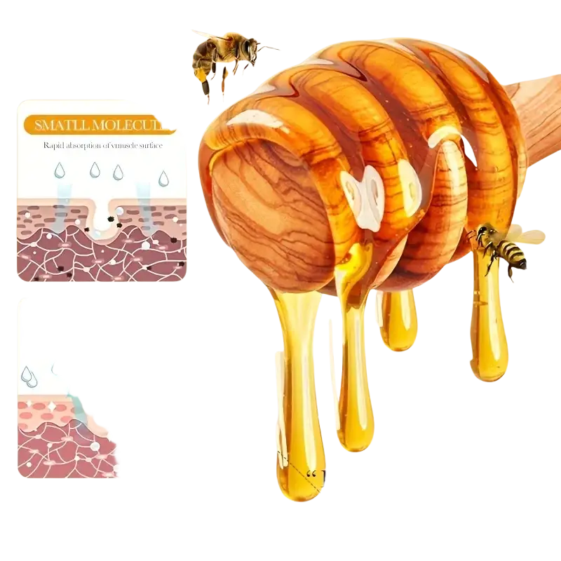 A wooden honey dipper with amber honey dripping highlighting natural honey in handmade soap 2 pack product
