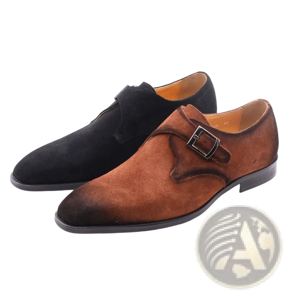 Handmade brown suede monk strap shoes for men with silver buckle and black rubber sole for business casual wear